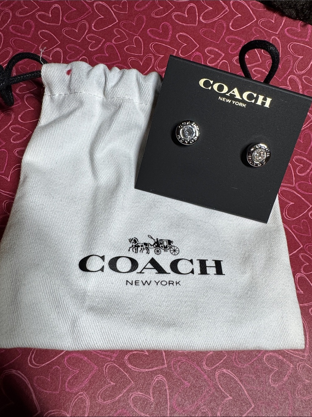 Coach Silver-Tone Crystal Center Stud Earrings with Drawstring Bag